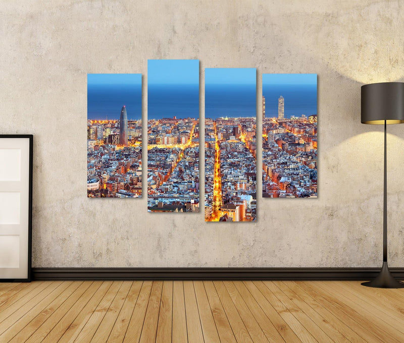Bild auf Leinwand Barcelona Skyline Luftbild In Der Nacht Spanien Wandbild Poster Kunstdruck Bilder