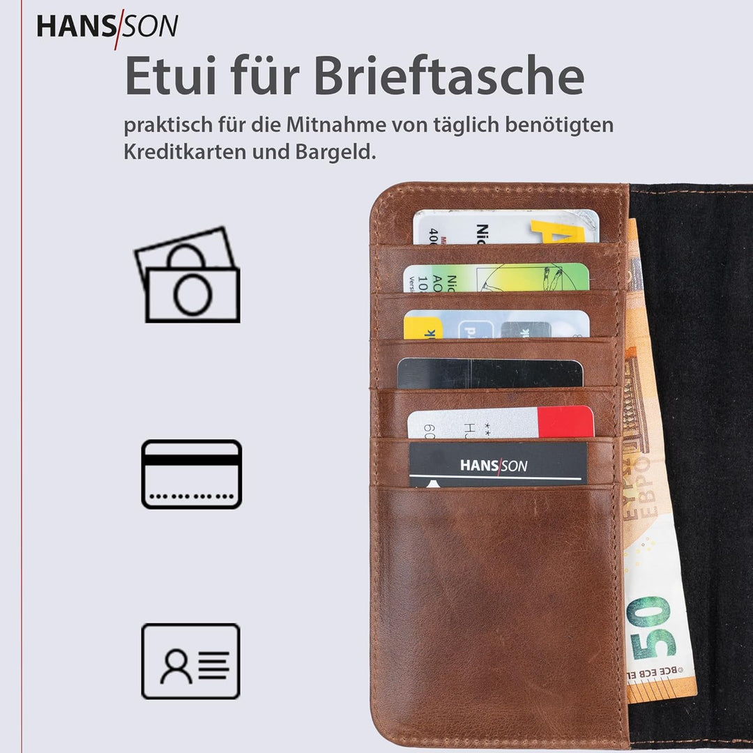 HANS/SON Klappbare Echtlederhülle | iPhone 14 Plus Ledercase mit Kartenfächern | Lederhülle mit Sche