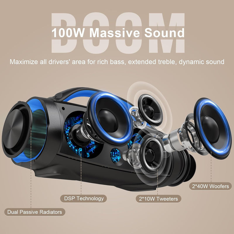 DOSS Extreme Boom+ Bluetooth Lautsprecher Draussen mit Wasserdichter IP67, 100W Stereo Sound, 10400m