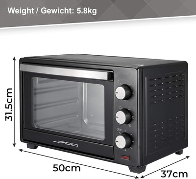 Jago® Minibackofen mit Umluft - 30/48/60L, 1600/2000W, 100 bis 230°C, Timer (0-60 Min), mit Drahtgit