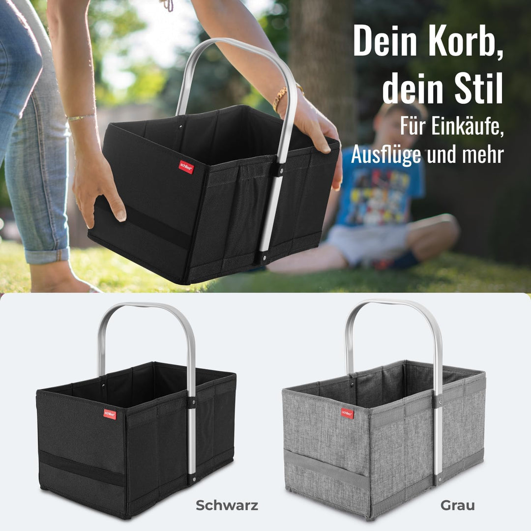 achilles Einkaufskorb aus Holz mit Obst- und Gemüsenetz, Klappbarer Korb, Picknick-Korb, Einkaufsbox