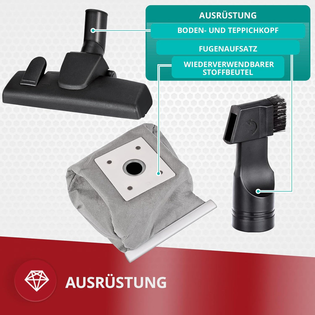 MPM Staubsauger MOD-52 - Bodenstaubsauger mit 5-stufigem Filtersystem - Leise Sauger Metall-Teleskop