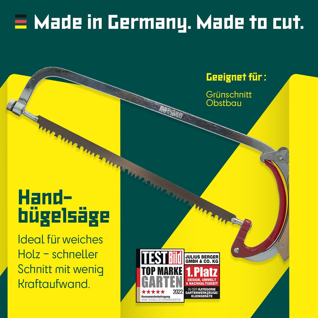 Berger Handbügelsäge 69042 mit Buchenholzgriff und stufenlos drehbarem Sägeblatt, Länge 35 cm Bügels