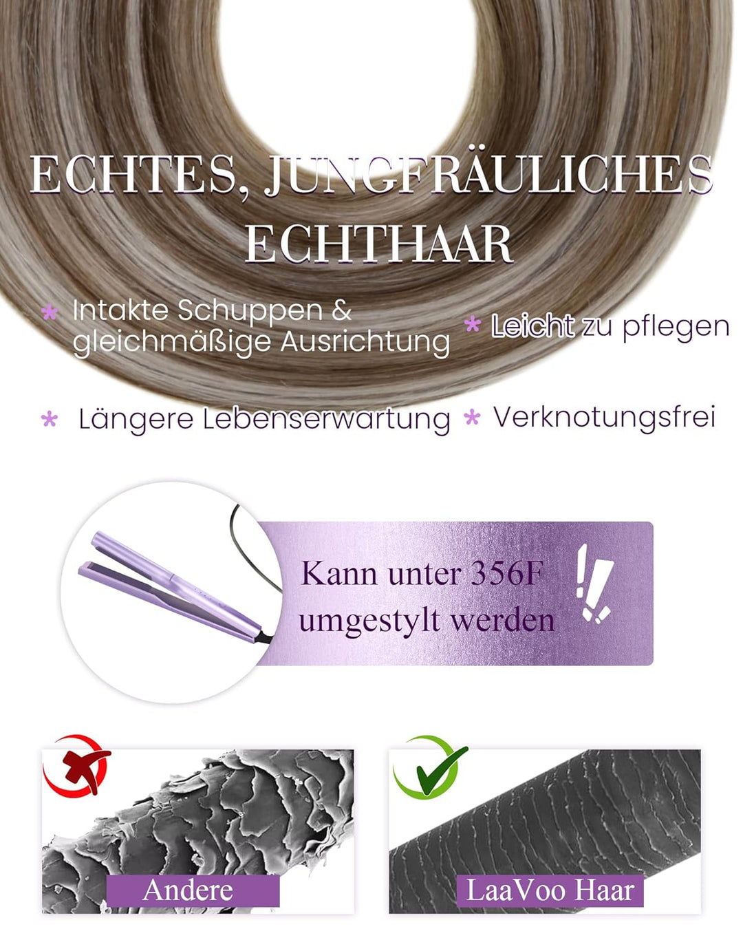 LaaVoo Microring Extensions Echthaar Highlighted Hellbraun mit Hellblond 45 cm Cold Fusion Echthaar