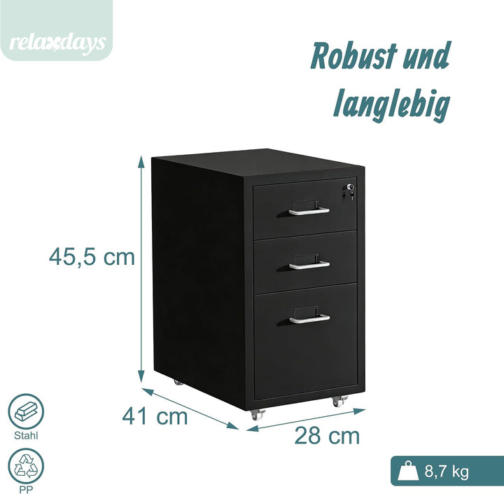 Relaxdays Rollcontainer, 3 Schubladen, HxBxT: 45,5 x 28 x 41 cm, abschliessbar, Aktenschrank auf Rol