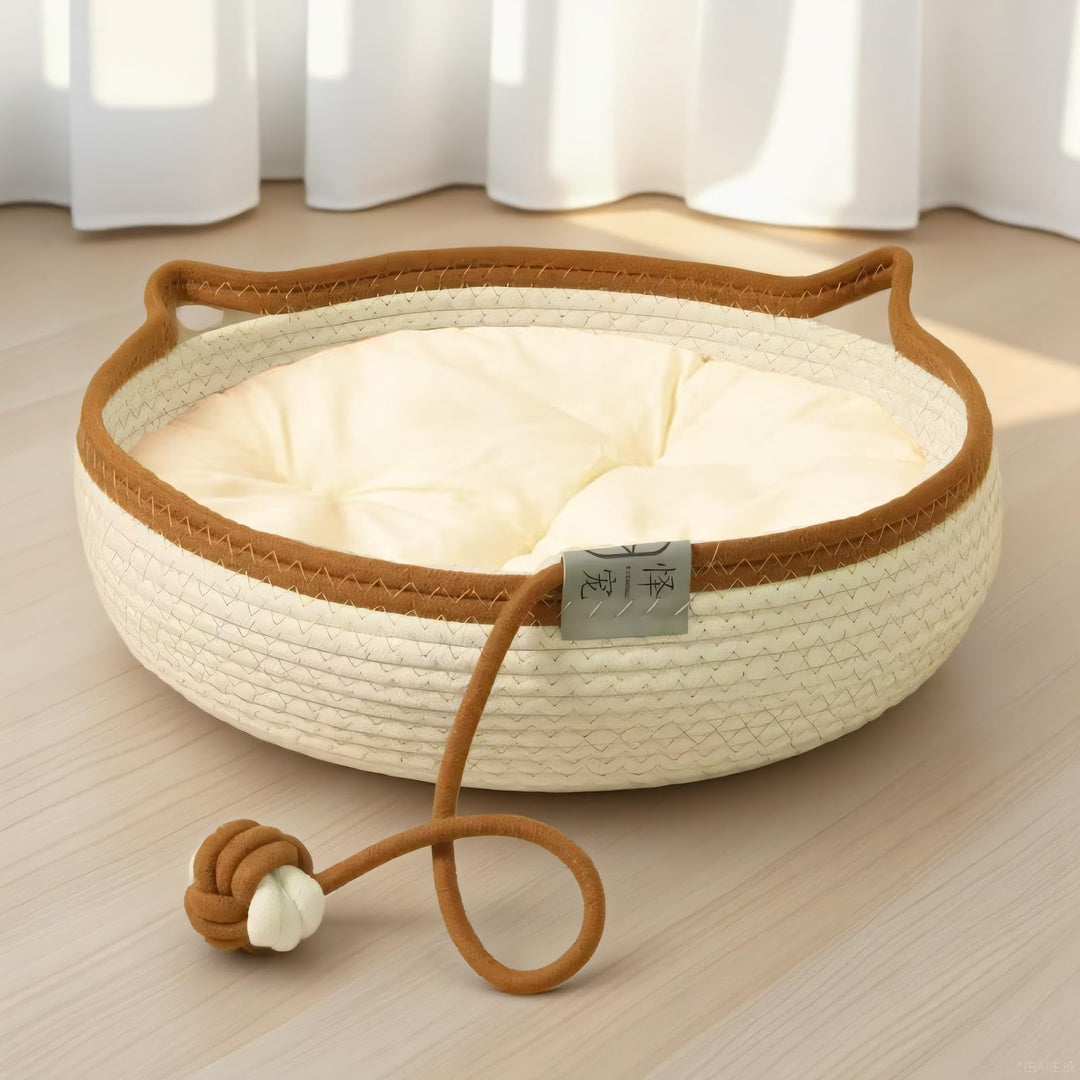 Katzenbett Waschbar, Katzenkorb zum Schlafen aus Baumwollseilen, Rund Katzenkörbchen Baumwollekissen