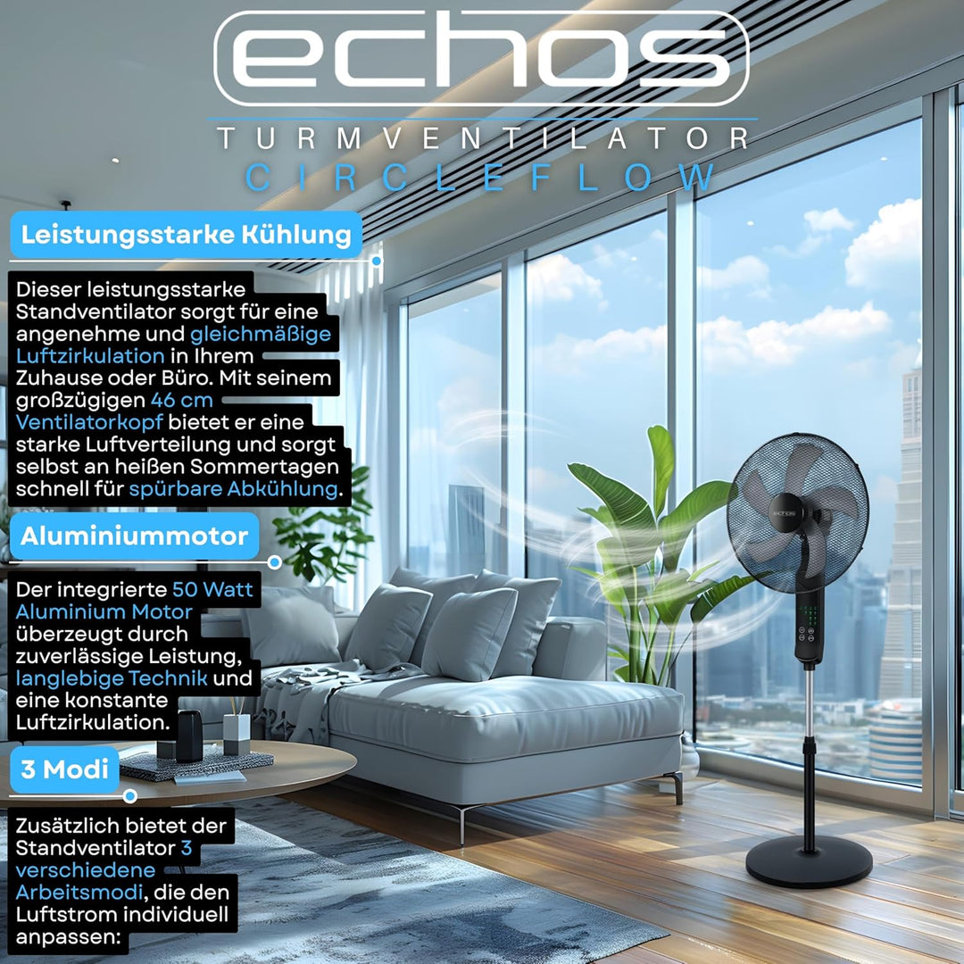 Echos® Standventilator 46cm Leise mit Fernbedienung 46 cm – 50W Leistungsstarker Standlüfter mit 3 G