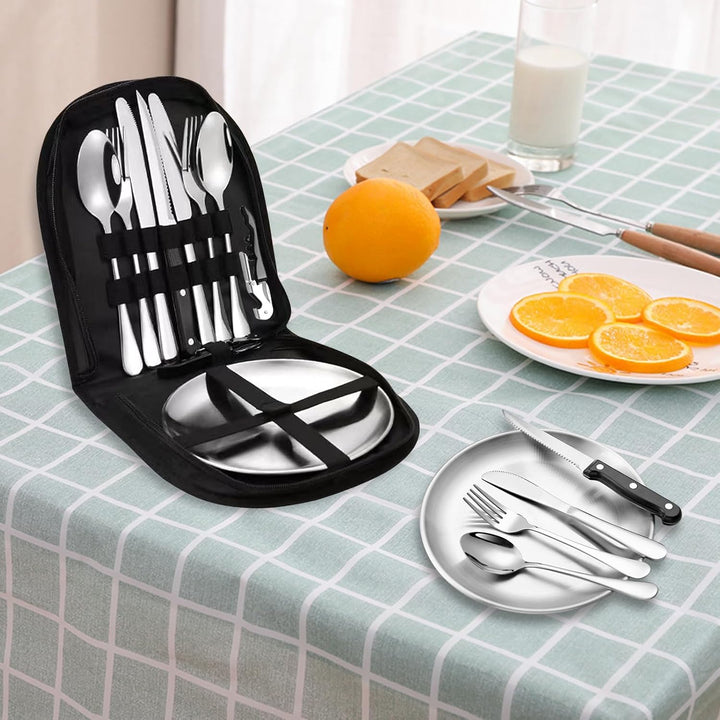 Campingbesteck Set für 2 Personen, Tragbares Edelstahl Outdoor Geschirr Set für Camping, Picknick un