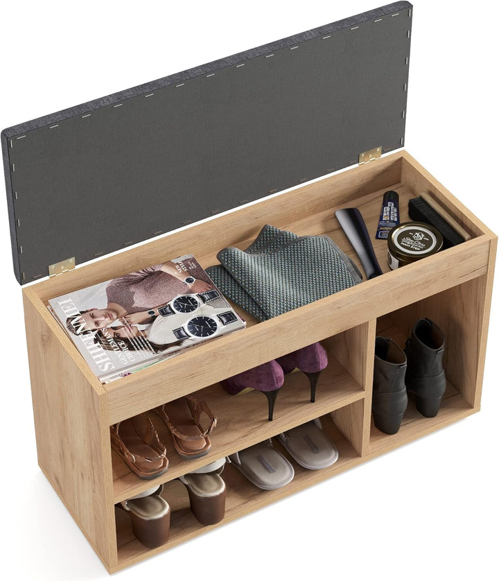 KOMTO Schuhbank mit Sitzfläche - Schuhregal Bank mit Stauraum Honig Eiche 80 x 48 x 32 cm Schuhschra