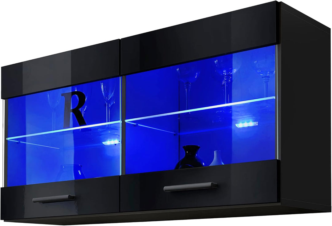 Komodee, Vitrine Schrank Savona, Schwarz/Schwarz, Breite 100cm x Höhe 50cm x Tiefe 30cm, Blaue LEDs,