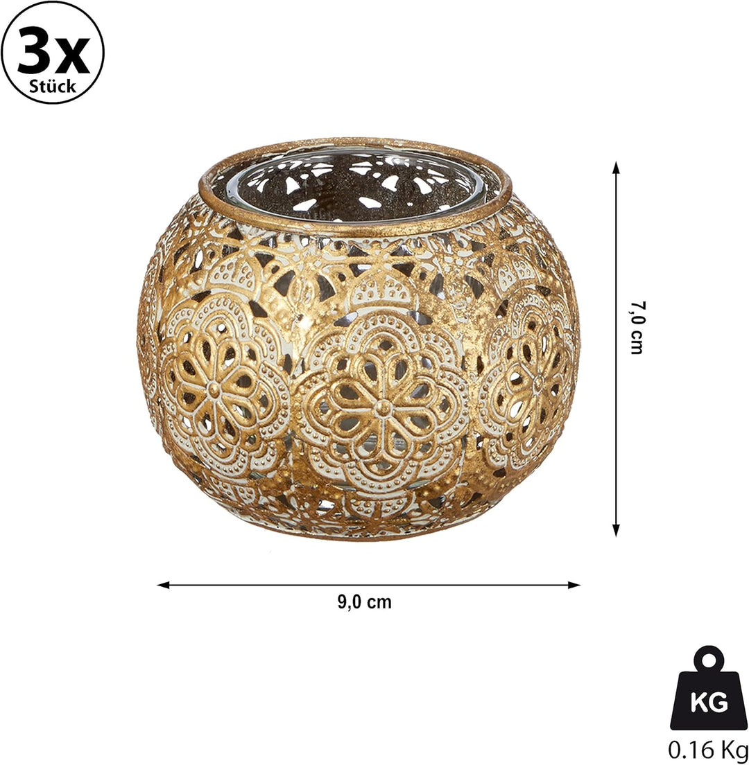 Windlicht 3er Set Mandala-Design │ Glas Metall 9x7cm Gold weiss │ Glaseinsatz für Kerze Teelicht (1
