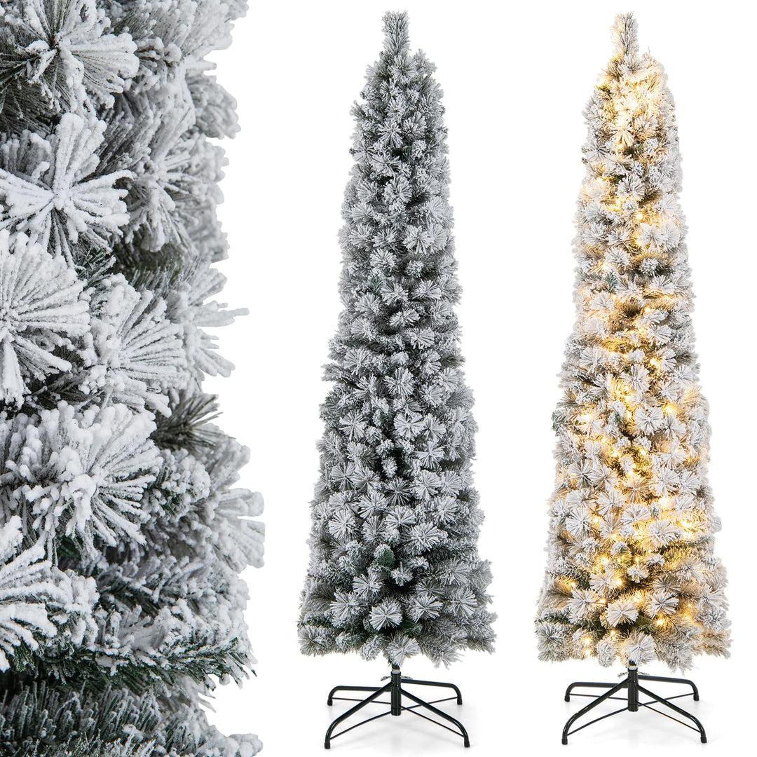 COSTWAY 180 cm Bleistift Weihnachtsbaum mit Schnee, Tannenbaum künstlich mit Beleuchtung, 150 LEDs i