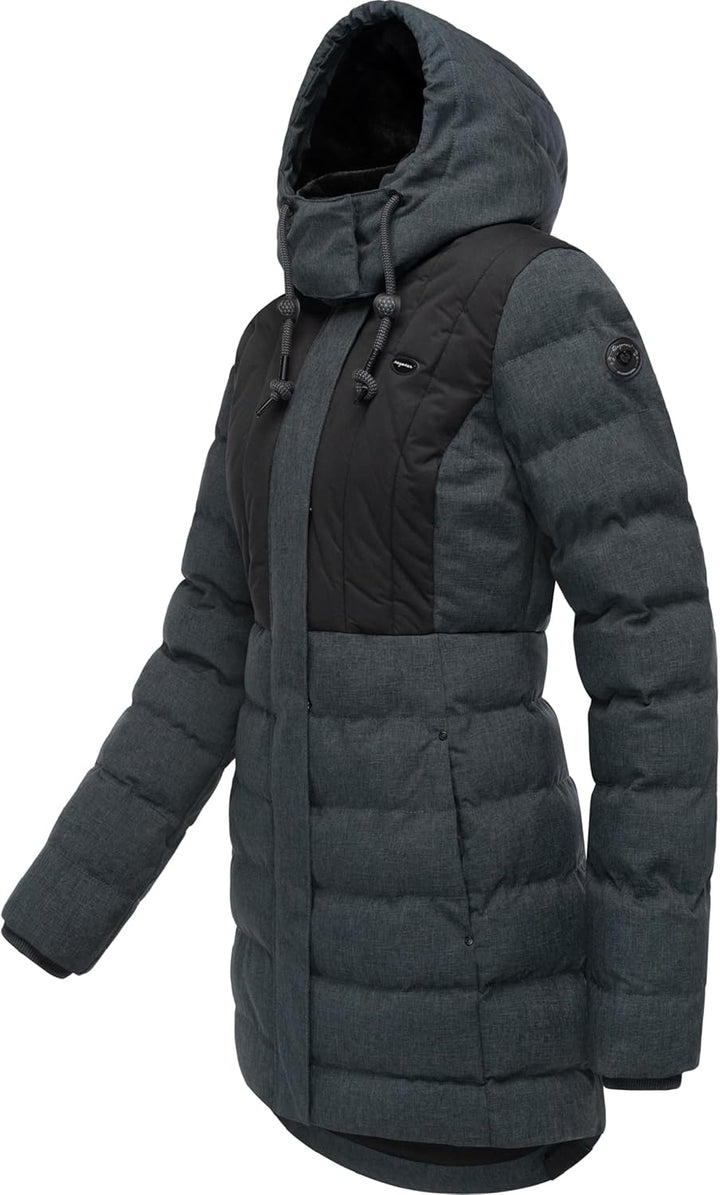 Ragwear Damen Wintermantel Warmer wasserdichter Steppmantel lang mit Kapuze Ashanta Block XS-6XL M D