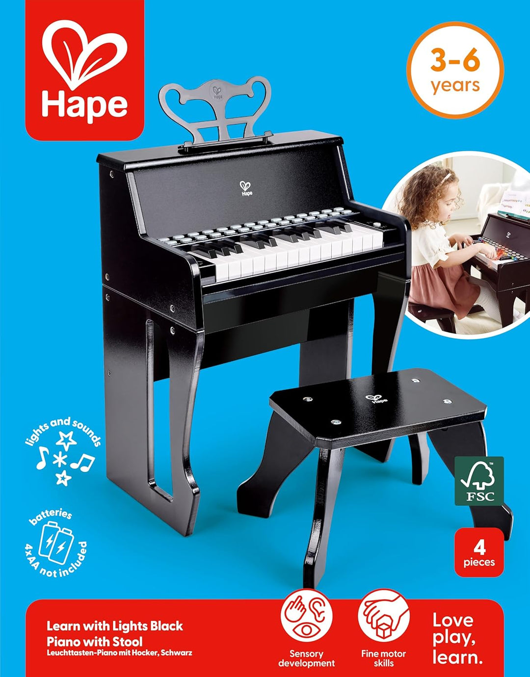 Hape Leuchttasten-Piano mit Hocker und Notenhalter, Musikspielzeug aus Holz, ab 3 Jahren, Schwarz