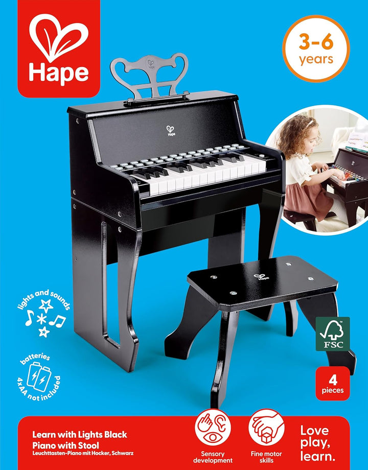 Hape Leuchttasten-Piano mit Hocker und Notenhalter, Musikspielzeug aus Holz, ab 3 Jahren, Schwarz