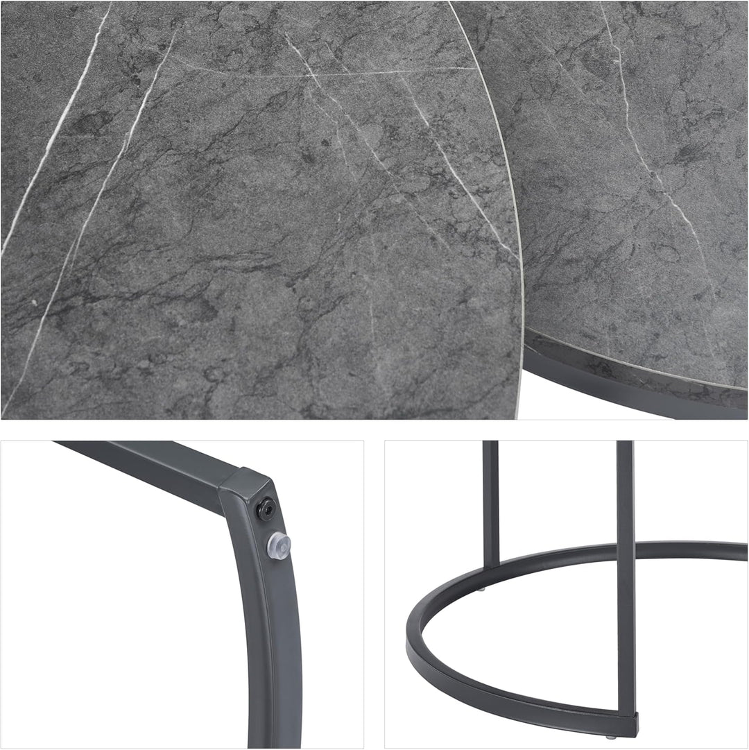 hitsuki Couchtisch Rund 2er Set, Marmor Couchtisch Grau Metallgestell Wohnzimmertisch Grau, Beistell