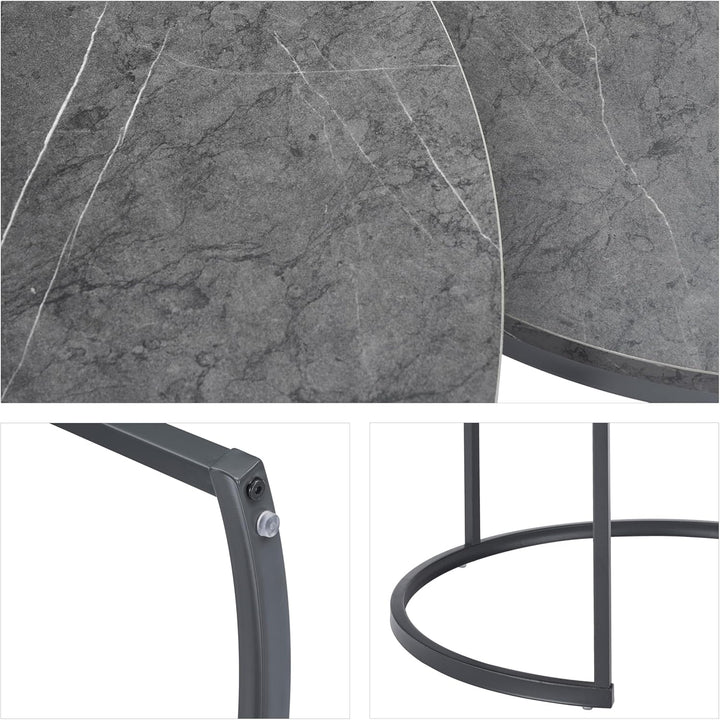 hitsuki Couchtisch Rund 2er Set, Marmor Couchtisch Grau Metallgestell Wohnzimmertisch Grau, Beistell
