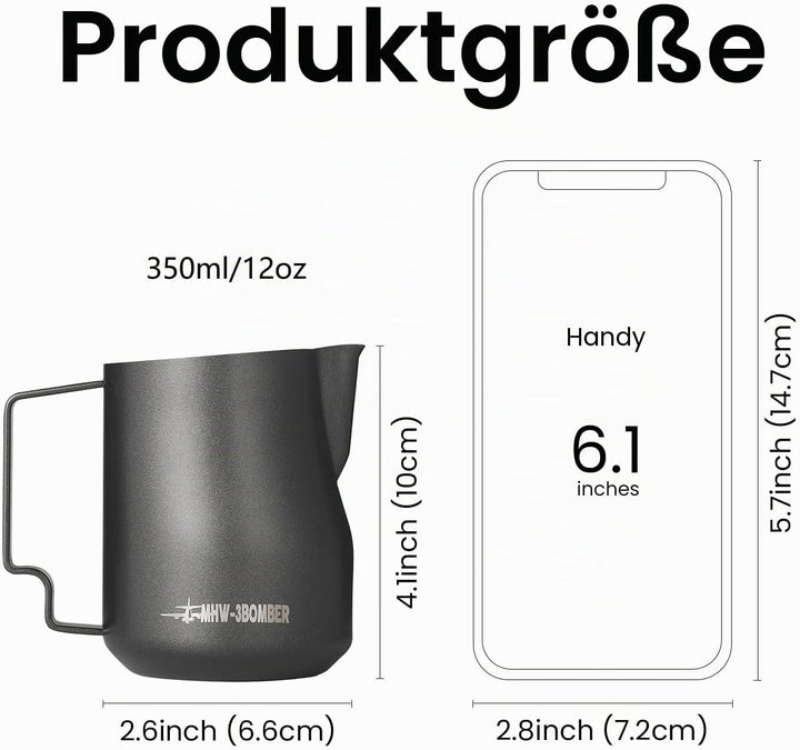 MHW-3BOMBER 350ml Milchkännchen Milchkanne Profi, 15oz Milchkännchen Edelstahl für Espresso, Cappucc