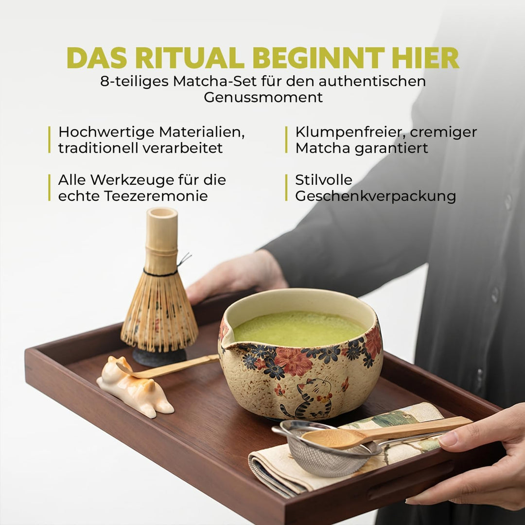 Matcha Set Japan 8-teilig – Premium Matcha Tee Set mit Keramik Schale, Bambus Chasen Besen & Halter,