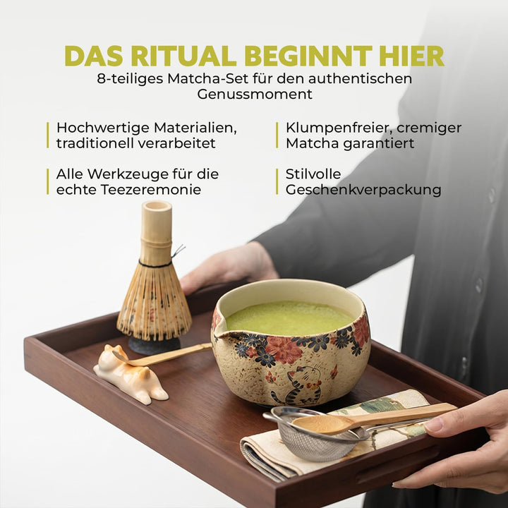 Matcha Set Japan 8-teilig – Premium Matcha Tee Set mit Keramik Schale, Bambus Chasen Besen & Halter,