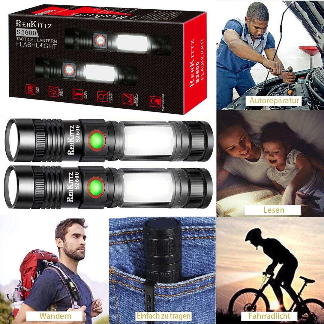 REHKITTZ LED Taschenlampe Extrem Hell 2000 Lumen,(mit 2500mAh Akku) Wiederaufladbare Taschenlampe LE