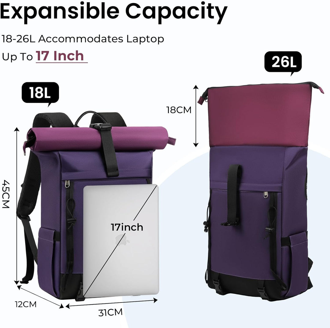 RAINSMORE Rolltop Rucksack Damen Herren, Rucksack Wasserdicht, Laptop Rucksack 17 Zoll Gross Reiseru