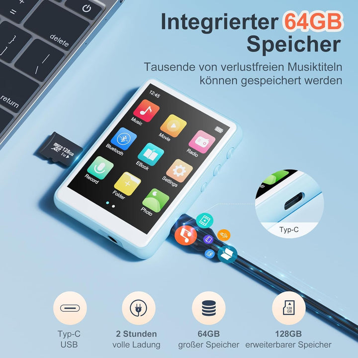 MECHEN 64GB MP3 Player Bluetooth 5.3 | 2,4'' Touchscreen Tragbarer MP3-Player zum Laufen mit Line-in