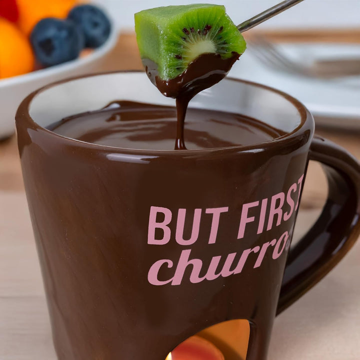 Fisura - Fondue Tasse für Schokolade und Käse, braune Keramiktasse 140 ml mit Gabel, originelle Gesc