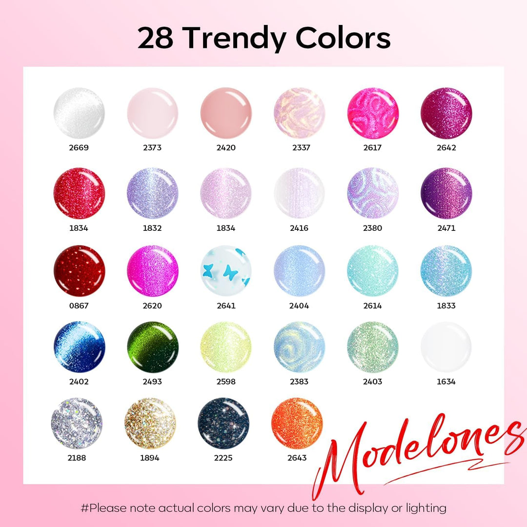 Modelones UV Nagellack Set 32 Pcs, 28 Farben Rosa Rot Weiss Grün, UV Nagellack für Sommer mit Base C