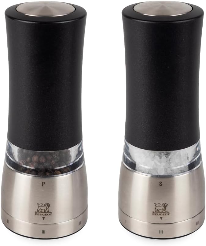 PEUGEOT - elektrische u‘Select-Pfeffer- und Salzmühlen Daman 16 cm im Set + Pfefferkörner + Steinsal