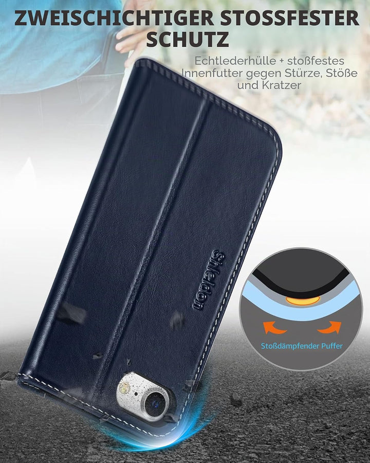 SHIELDON Hülle für iPhone SE 2022 5G /iPhone 8 Handyhülle [Erstklassig Rindsleder] [Kartenfach] [Sta