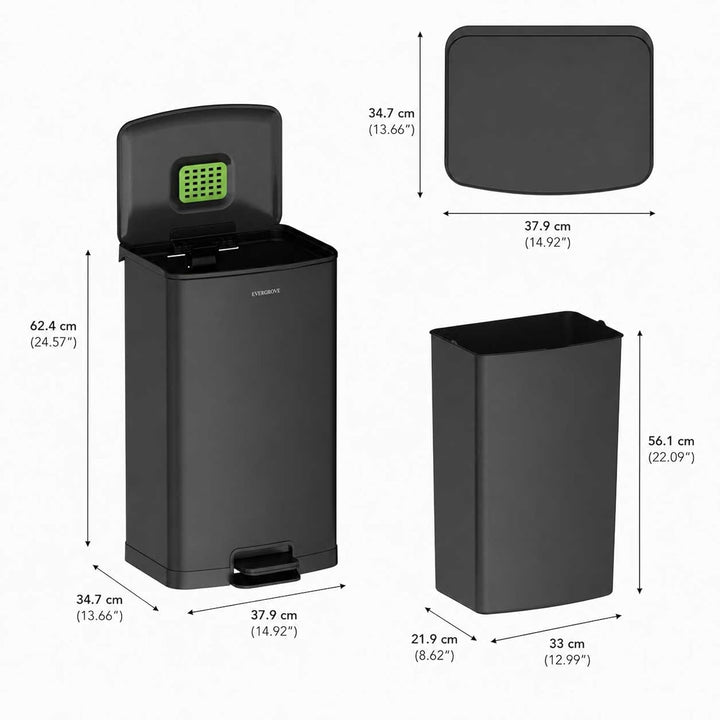 EverGrove 50L Treteimer aus Edelstahl mit Deckel, Soft-Close, Stay-Open Funktion, herausnehmbarer In