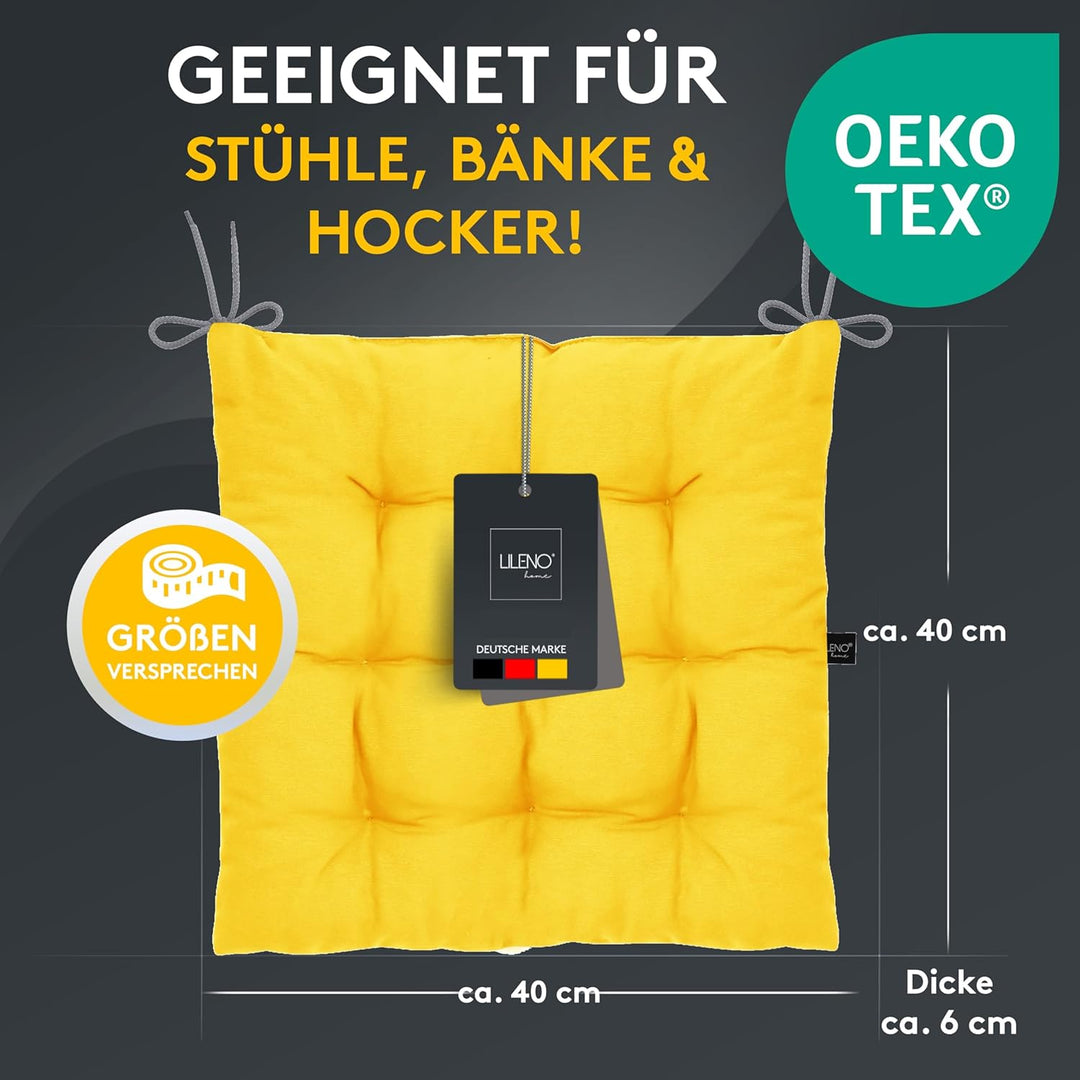 LILENO HOME 4er Set Stuhlkissen 02 Gelb (40x40x6 cm) - Sitzkissen für Garten, Küche oder Esszimmer -