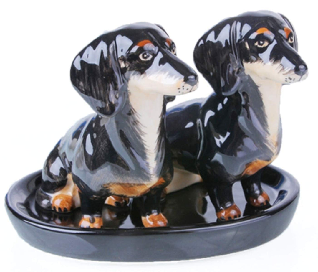 SYNYEY Dackel Salz und Pfefferstreuer Keramik Geschenk Frühstückstisch Set 3 teilig (SCHWARZ)