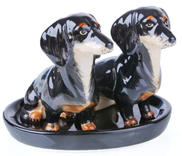 SYNYEY Dackel Salz und Pfefferstreuer Keramik Geschenk Frühstückstisch Set 3 teilig (SCHWARZ)