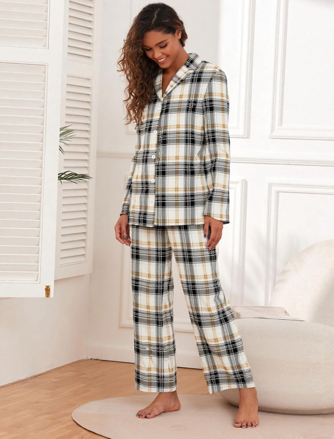 Famulily Frauen Langarm Pyjama Set Plaid Loungewear Sets Button Up Top und Wide Leg Hosen S-XXL S Be