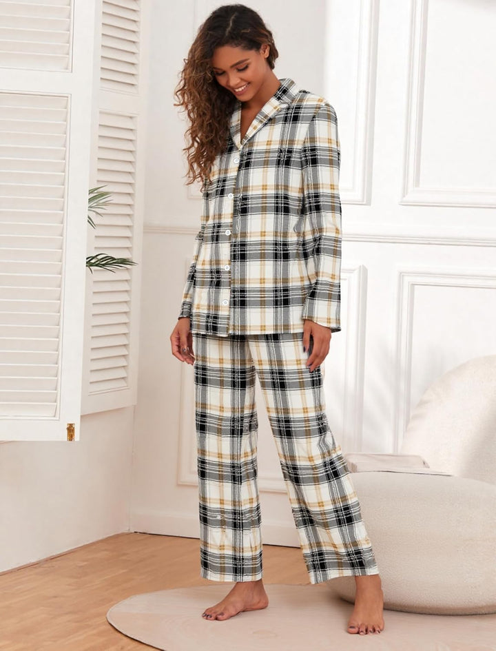 Famulily Frauen Langarm Pyjama Set Plaid Loungewear Sets Button Up Top und Wide Leg Hosen S-XXL M Be