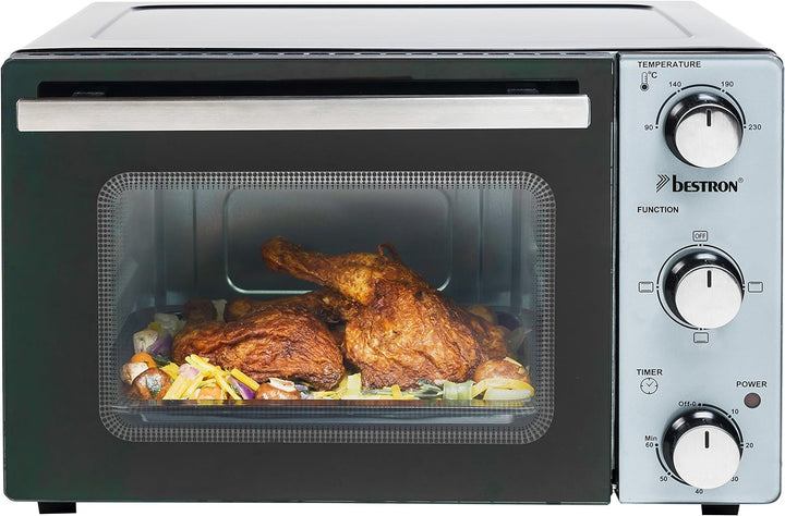 Bestron AOV20 Kompakter Mini-Backofen mit Ober-/Unterhitze, 20 Liter, 1300 W, Edelstahl, Schwarz 20