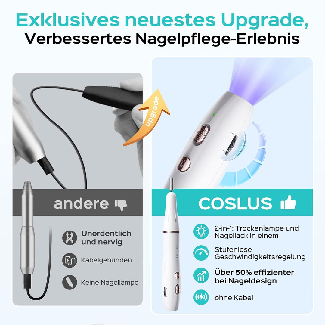 COSLUS Professionell Nagelfräser Kabellos Tragbar: Elektrische Nagelfeile Stufenlos mit Licht für Ge