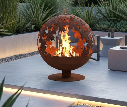 Jet-Line Feuerstelle World Firebowl Kugel in Rostoptik Motiv Blätter 58 x 58 x 66 cm Feuerball Garte