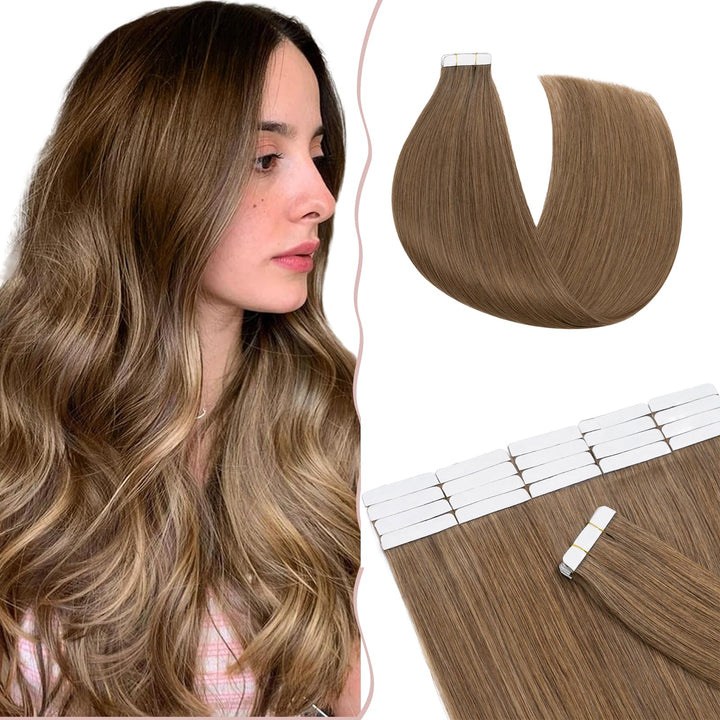 SEGO Tape Extensions Echthaar Kleber Band 20 Pcs/ 40 g Echthaarverlängerung Human Hair Hellbraun#6 3