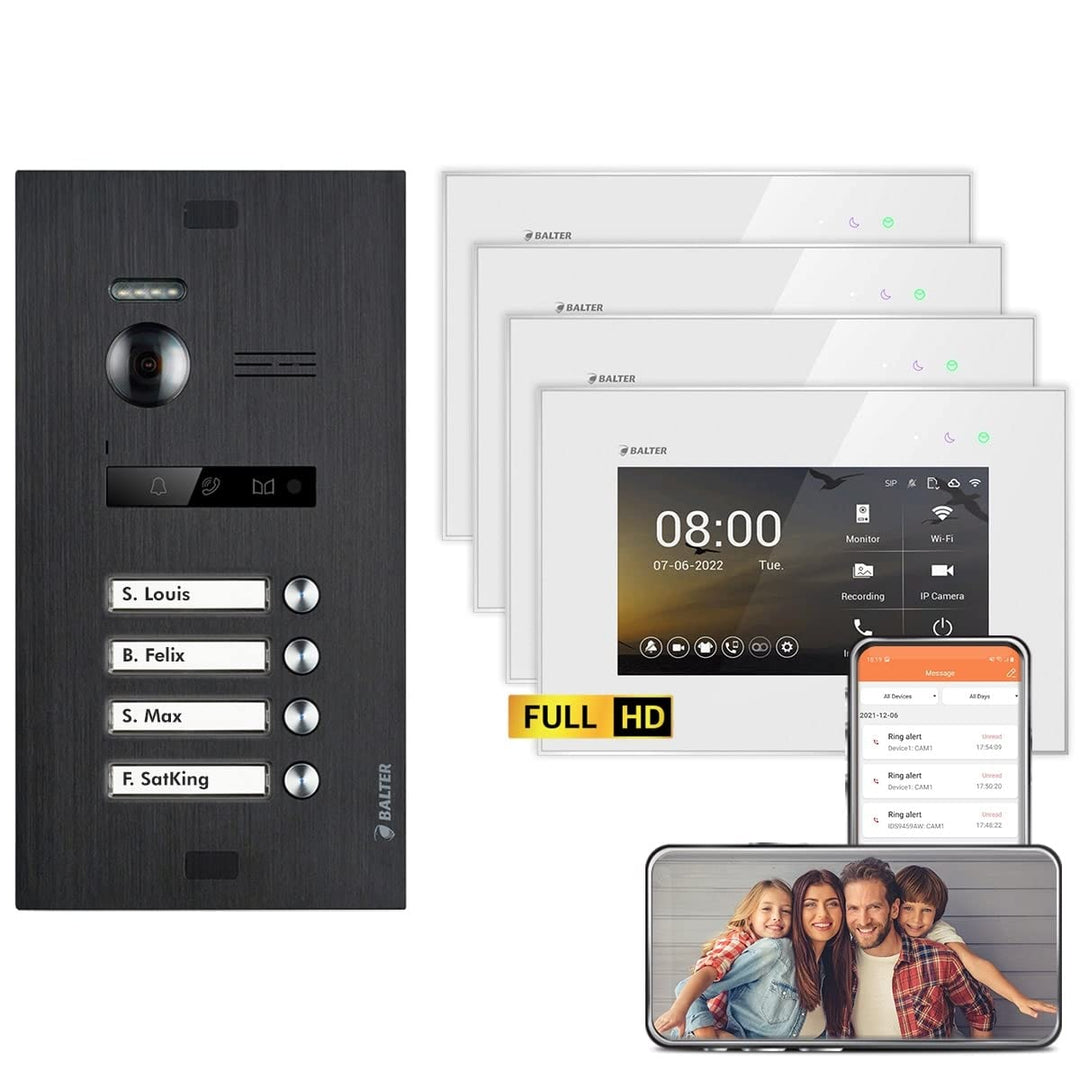 Balter EVO HD Schwarz/Weiss WiFi Video Türsprechanlage Set für 4 Familienhaus (1x Türstation mit Ful