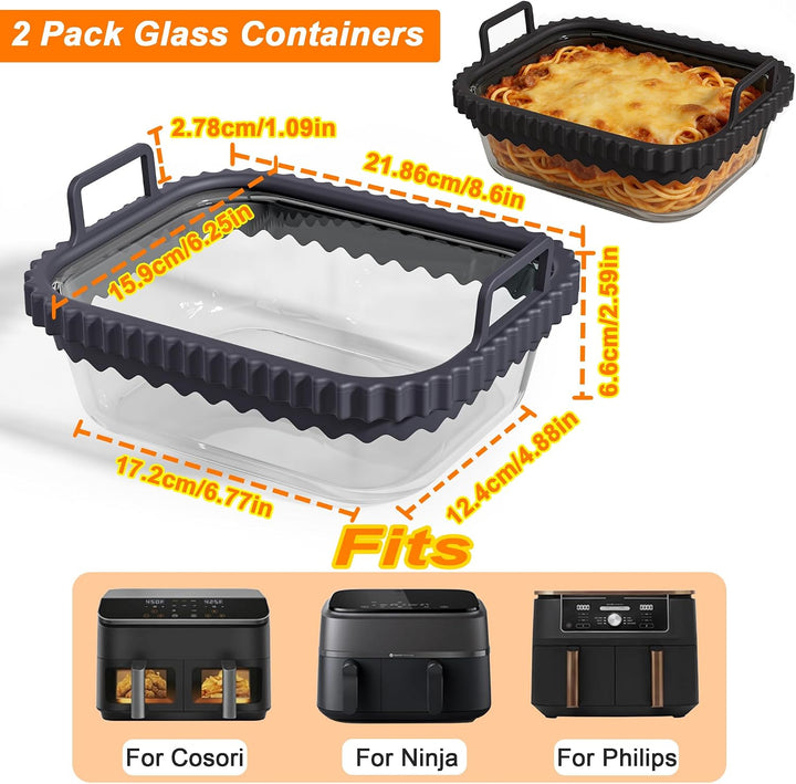 2 Stück Glas Auflaufform Airfryer für Ninja Cosori Philips, Airfryer Glasbehälter mit Herausnehmbare