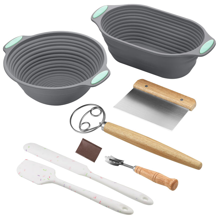 Sauerteig Starter Set zum Brot Backen, Gärkorb Set aus 2er Faltbar Gärkörbchen Silikon, 2er Teigscha