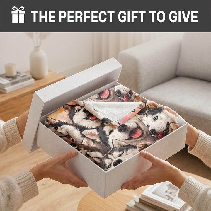 Husky Collage Flanell Decke, Lustige Wohndecke mit Husky-Gesichtern, Hundedecke für Hundefans, 150x2