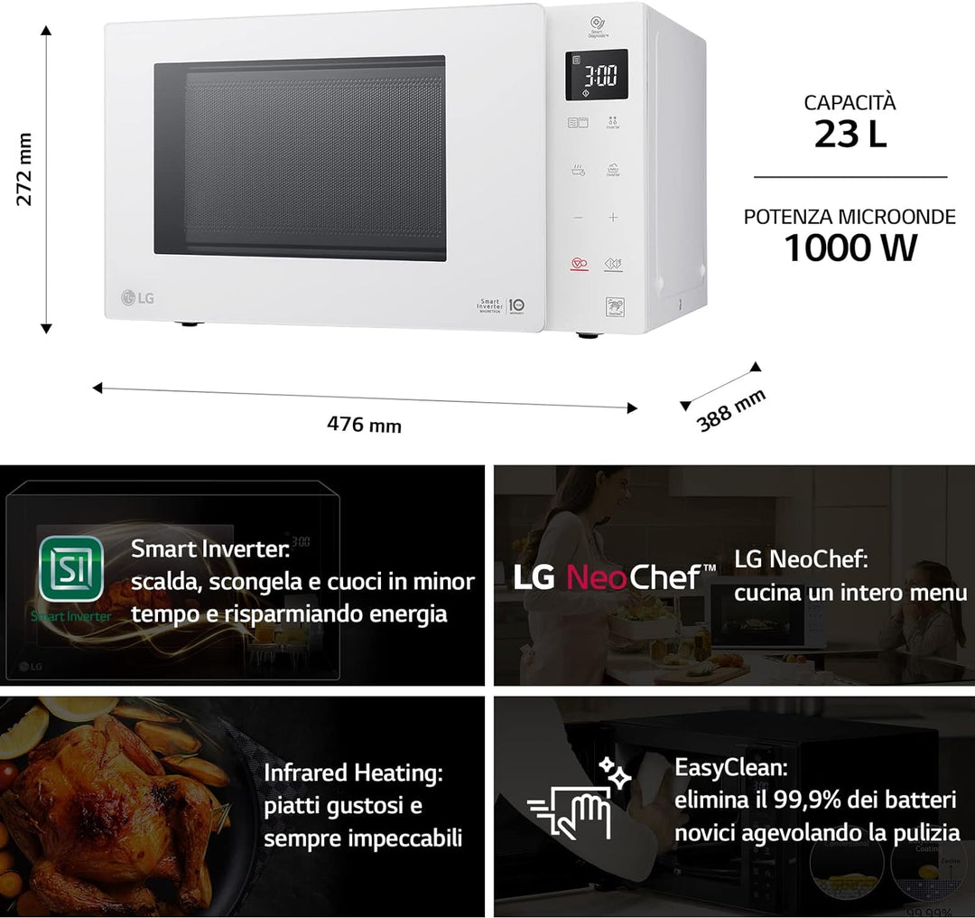 LG MH6336GIH Smart Mikrowelle Inverter mit Quarzgrill, 23 Liter, 1150 W, automatische Programme, 5 e