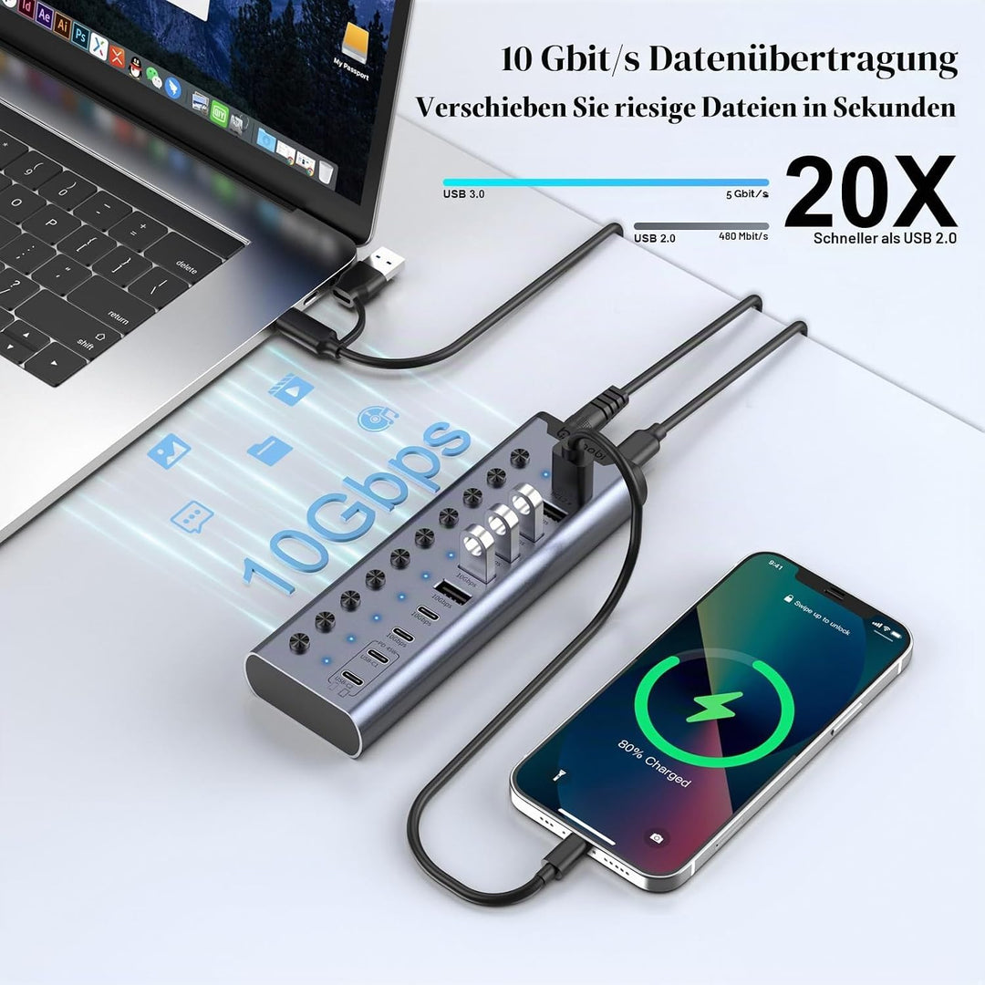 Aktiver USB-Hub, 10-Port USB-C-Hub mit 5 USB-A 3.2, 2 USB-C 3.2 und BC1.2 sowie 2 PD 45W Ladeanschlü