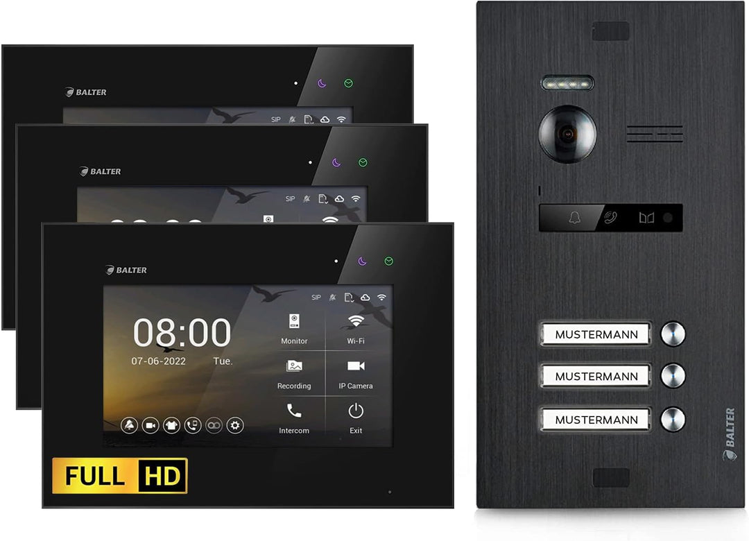 Balter EVO-HD Video Türsprechanlage, Video Türklingel mit Kamera, 3 familienhaus Klingel, 7 Zoll HD
