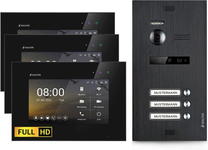 Balter EVO-HD Video Türsprechanlage, Video Türklingel mit Kamera, 3 familienhaus Klingel, 7 Zoll HD