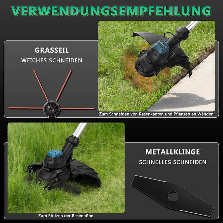 980W Akku Rasentrimmer mit 2 * 4Ah Akkus und Ladegerät, 7-in-1 Bürstenloser Akku Freischneider mit 1